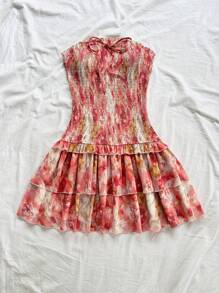 Soleia 女士节日浪漫粉色花卉雪纺面料飘逸性感抹胸修身 A 字迷你连衣裙，适合派对、约会、情人节、下午茶、海滩 - 彩色 - 查看 5