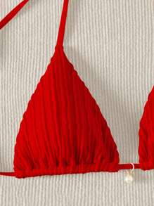 SHEIN Swim 度假海灘純色紋理掛脖紅色比基尼泳衣上衣 夏季款 - 紅色 - 查看 3