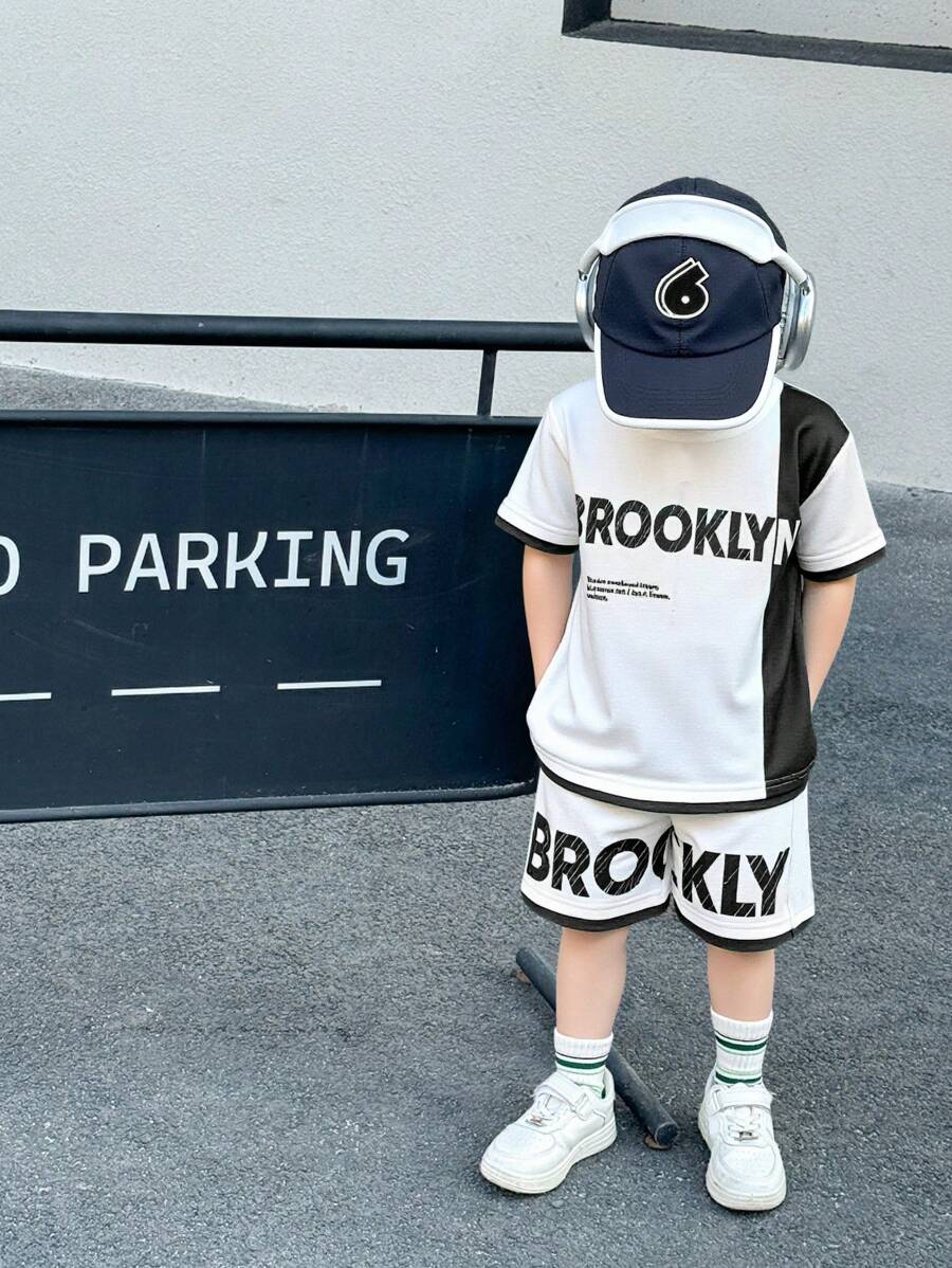 SHEIN 两件套年轻男童休闲运动校园街头可爱度假字母图案拼接圆领T恤和短裤套装适合儿童服装幼儿男童服装返校男童套装适合生日派对、聚会、表演、婚礼、洗礼、返校日常适合日常适合上学适合旅行适合运动适合春夏季