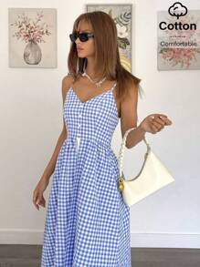 Siren Gaze 格子蓝白荷叶边下摆优雅夏季吊带裙女装 2025，二合一长款太阳裙，前扣和蝴蝶结肩带，蓝色格子连衣裙，蓝白相间的连衣裙，女式夏季连衣裙，沙滩裙，格子连衣裙 - 藍白色 - 查看 6