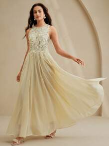 Anewsta Elegant Urban Light Blue Flared Lace Patchwork Sleeveless Bodycon Midi Dress, High-End Lightweight Party Dress For Spring, Summer, Festival, Vacation - Light Yellow - View 6