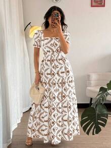 Chiquease 女士时尚优雅刺绣印花长裙 - 棕色 - 查看 7