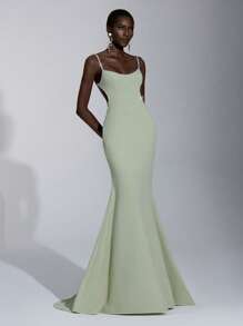 Elitara 优雅、浪漫、性感、简约的绿色针织弹力露肩珍珠装饰露背紧身连衣裙，时尚、值得在 上分享，适合节日、派对、婚礼、伴娘 - 綠色 - 查看 2