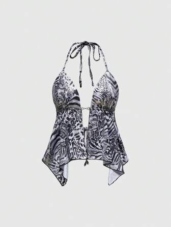 J-Fashion سترة ظهر مكشوفة نمط نمر مطبوع مع إبزيم معدني للنساء ، بالطراز الغربي