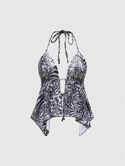 J-Fashion سترة ظهر مكشوفة نمط نمر مطبوع مع إبزيم معدني للنساء ، بالطراز الغربي