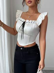 Elenzga Women's Tie Front Color Block Frill Trim Cap Sleeve Blouse - White - View 6