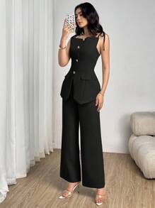 Modelyn 2 pezzi Set da donna, top a canottiera corto verde chiaro annodato e pantaloni a gamba larga