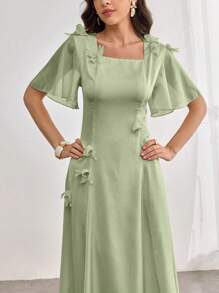 Modelyn Women Square Neck Ruffle Sleeve Floral Print Bodycon Short Sleeve Dress - Green - View 4