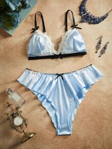 PinupPomp 2件套优雅蕾丝拼布缎面女士内衣套装 - 淺藍色 - 查看 3
