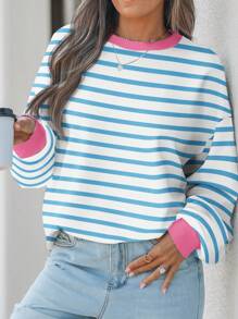 EMERY ROSE Casual Striped Pattern Round Neck Short Sleeve Loose Women T-Shirt, Suitable For Summer Autumn And Winter Fall - Multicolor - View 4