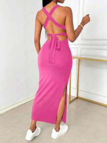 INAWLY Bodycon Low V-Neck Backless Lace-Up High Slit Dress - Hot Pink - View 3