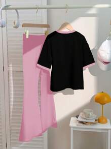SHEIN Tween Girls' Casual Simple Short Sleeve Top And Pants 2 Pieces Set, Suitable For Summer