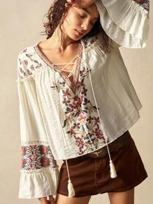 Bohemela 女士V领刺绣休闲度假衬衫