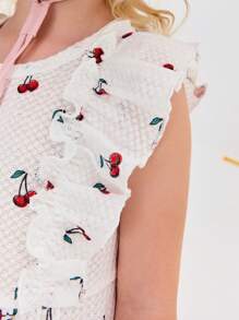 SHEIN Young Girl Casual Minimalist Comfortable Round Neck Ruffle Trim Cherry Print Dress - White - View 3