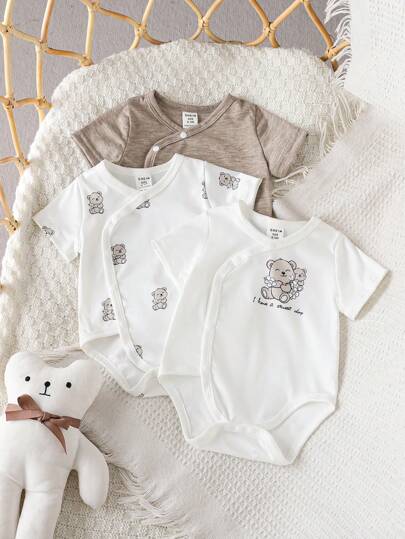 SHEIN 3 件套新生儿/婴儿/幼儿男童/女童可爱休闲简约舒适柔软连体衣，带有可爱的熊印花图案，百搭服装，适合春季、夏季、秋季、冬季、日常穿着、生日派对、拍照