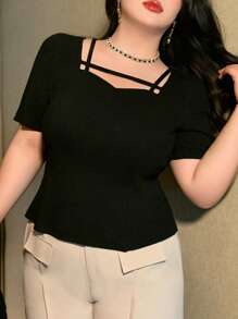 Dazy Plus Solid Color Short Sleeve Asymmetrical Collar Black T-Shirt, Summer