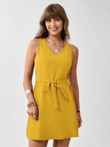 SHEIN LUNE Đầm Thắt lưng màu trơn Giải trí - Màu Mù tạt vàng - Xem 4