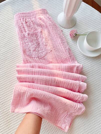 Comfortcana Women's Casual Pink Lace Patchwork Wide Leg Pants, Summer