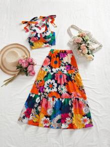 Vivid Eden 女士度假彩色花卉印花系带短款修身吊带背心，女士街头服饰，休闲度假，夏季上衣，母亲节 - 橘色 - 查看 6