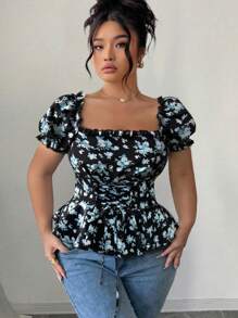 Elenzga 加大码女式优雅时尚百搭方领碎花泡泡袖荷叶边下摆后背系带蝴蝶结衬衫 - 彩色 - 查看 6
