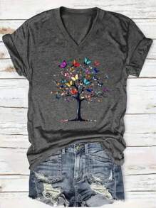 EMERY ROSE Women V-Neck T-Shirt | Polyester Knit Fabric | Lightweight & Breathable | Casual | For All Seasons - Dark Grey - View 1