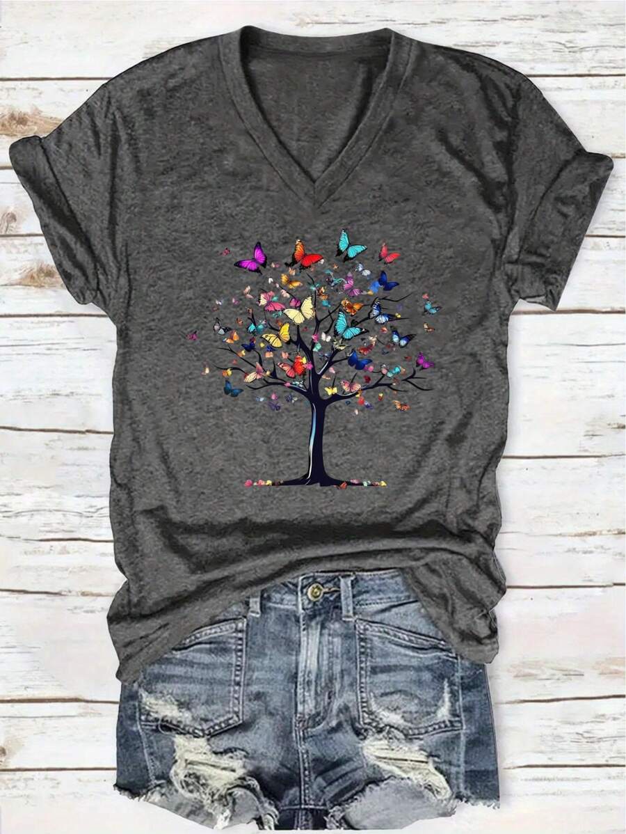 EMERY ROSE Women V-Neck T-Shirt | Polyester Knit Fabric | Lightweight & Breathable | Casual | For All Seasons - Dark Grey - View 1