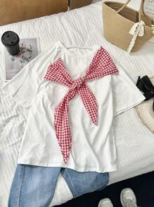 Comfortcana White Contrast Plaid Bow Decor Plus Size T-Shirt