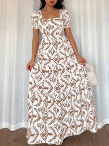 Chiquease 女士时尚优雅刺绣印花长裙 - 棕色 - 查看 3