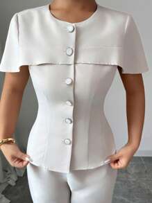 Elenzga Commute Casual Cape Design Top + Long Pants, Spring/Summer - Apricot - View 5