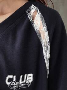 FRIFUL Women's V-Neck Letter Print Lace Splice Contrast Stripe Raglan Sleeve Loose Casual Versatile T-Shirt, Women Beach Wear