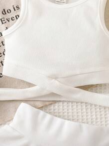 SHEIN 女婴可爱夏季优雅白色针织背心和松紧腰迷你裙可爱衣服套装 - 白色 - 查看 3