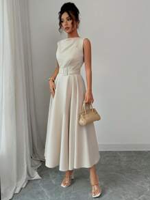 Elenzga Women's Elegant French Style Office/Vacation Cocktail Party Swing A-Line Dress, With Ruffle Collar, Waist Tie Adjustable Belt - Apricot - View 6