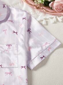 2 件套优雅休闲紫色蝴蝶结设计短袖上衣和短裤睡衣套装适合青少年女孩女士睡衣睡衣短套装女童睡衣短套装女童夏季睡衣青少年女孩夏季睡衣套装女士睡衣套装缎面睡衣套装短裤睡衣套装蝴蝶结睡衣套装 - 紫色 - 查看 4