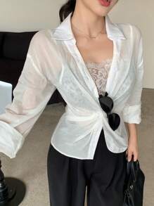 DAZY Women's V-Neck Twist Long Sleeve Semi-Sheer City Casual Blouse, Summer - White - View 1