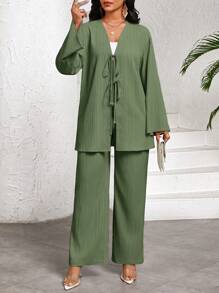 SHEIN Lady 2 Stücke Damen Urlaubs Lässig Einfarbiges Hemd und Hose Set