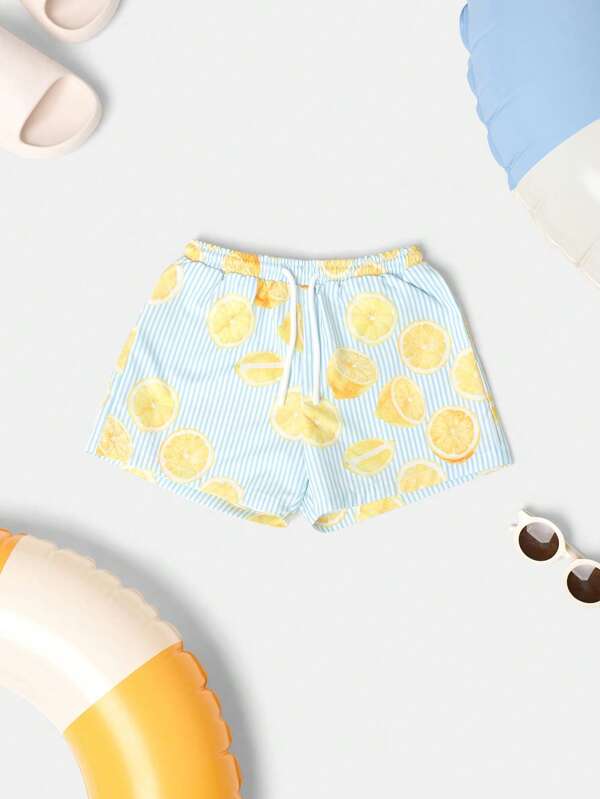 SUMWON Pantaloni scurți de baie pentru copii, cu imprimeu citric, de vară, pentru plajă și piscină, cu cordon elastic în talie, pentru vacanță