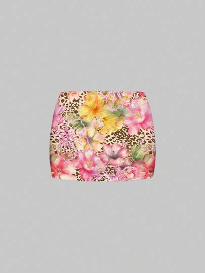 ROMWE Avant Full Print Leopard Flower Sequin Sexy Bodycon Mini Skirt, Low Waist