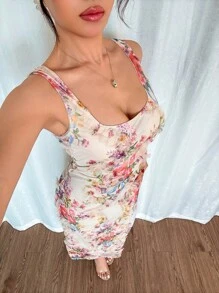 Islaluna 女士花卉印花方领无袖优雅连衣裙 - 彩色 - 查看 4