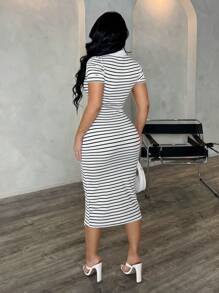 SHEIN SXY Women's Summer Casual Elegant Business Commuting Style Black & White Striped Polo Shirt Dress, Knit Stretchy Fitted Midi Dress, French Chic Dress Black And White Striped Dress Stripe Midi Dress Bodycon Midi Dress Striped Bodycon Dress Womens Summer Dress Collared Striped Dress