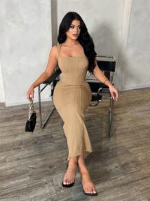 SHEIN SXY 女士米色优雅简约方领修身长裙，适合办公室、通勤、正式场合的职业装 - 卡其色 - 查看 6