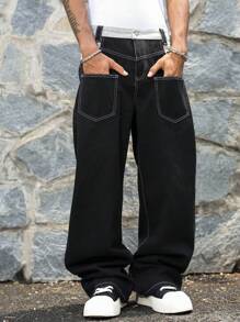 Manfinity Hypemode Men's Long Black Denim Jeans Loose Fit Contrast Panel And Stitching Detail Zipper Fly