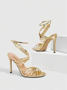 CUCCOO SZL Women's Sexy Fashion Thin Strap Round Toe High Heel Sandals, Casual Versatile Ankle Strap Gold Heeled Shoes