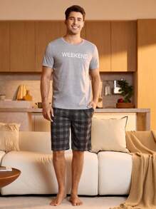 Manfinity Underwear&Sleepwear Basics Men's Letter Print Crew Neck Short Sleeve T-Shirt And Plaid Shorts Pajama Set - Light Grey - View 4