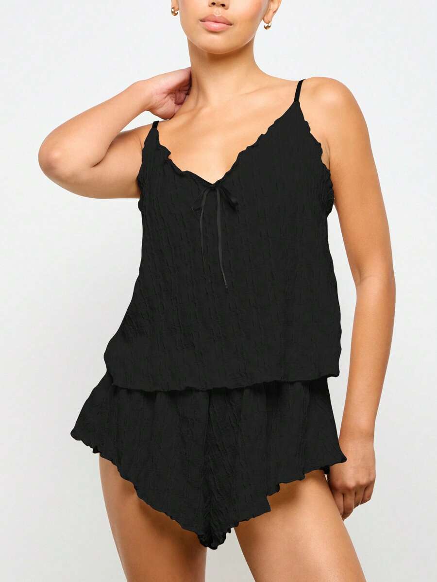 AiiRZ Set de pijama de vară cu volane texturate, cu decolteu în V, pijamale de noapte, pijamale de casă, pijamale de primăvară și toamnă, camisol