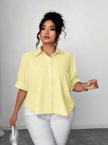 Elenzga Plus Size Women's Elegant Solid Color Puff Sleeve Short Sleeve Shirt, Button-Down Front, A-Line Hem, Spring/Summer - Yellow - View 5