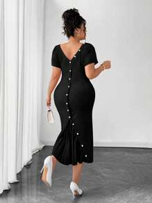 Elenzga Plus Size Summer Elegant Solid Color Ruched Back Button Hem Dress