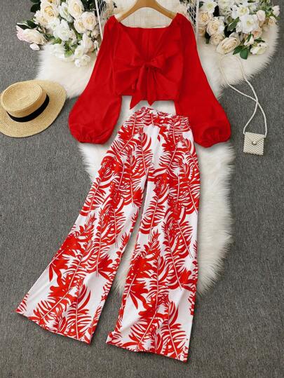 女士度假休闲纯色灯笼袖衬衫和热带印花裤两件套