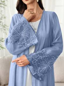 SHEIN Najma Lightweight Open Front Arabic Abaya Robe With Pearl Embroidered Trim On Cuffs And Collar, Spring/Summer - Blue - View 7