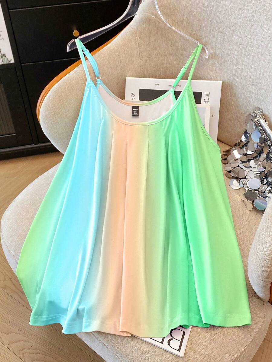 SHEIN LUNE 大码女式宽松渐变色休闲吊带背心，夏季图案 T 恤女式上衣 - 彩色 - 查看 1