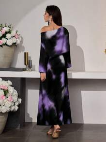 Modelyn 女式长款扎染露肩雪纺修身优雅度假连衣裙，适合春夏季 - 紫色 - 查看 2